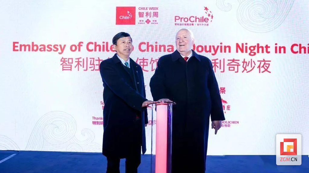 智利駐華大使路易斯·施密特（右）和燈彩集團(tuán)主席黃德春（左）共同按下亮燈鍵