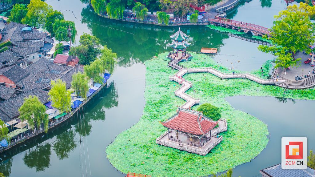 富顺西湖荷叶满池，绿意盎然。老城民居鳞次栉比，湖光与市井烟火相融 记者 宋姿熠 摄.jpg