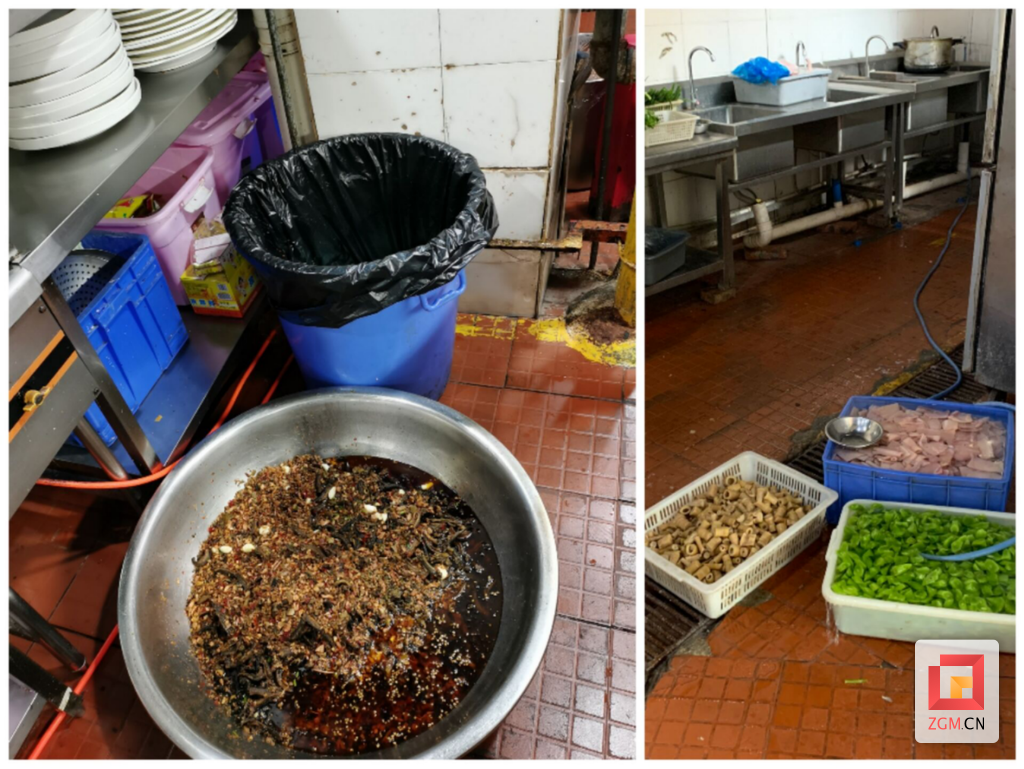 ▲加工切配好的蔬菜、肉类就这样随意的放置在地上备用；半成品鳝鱼段居然放在垃圾桶旁边，而且旁边的垃圾桶还未加盖。