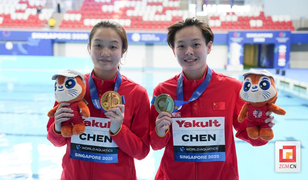 陈佳（左）和陈艺文在2025年世界游泳锦标赛跳水女子双人3米板决赛中夺冠（资料照片）.jpg