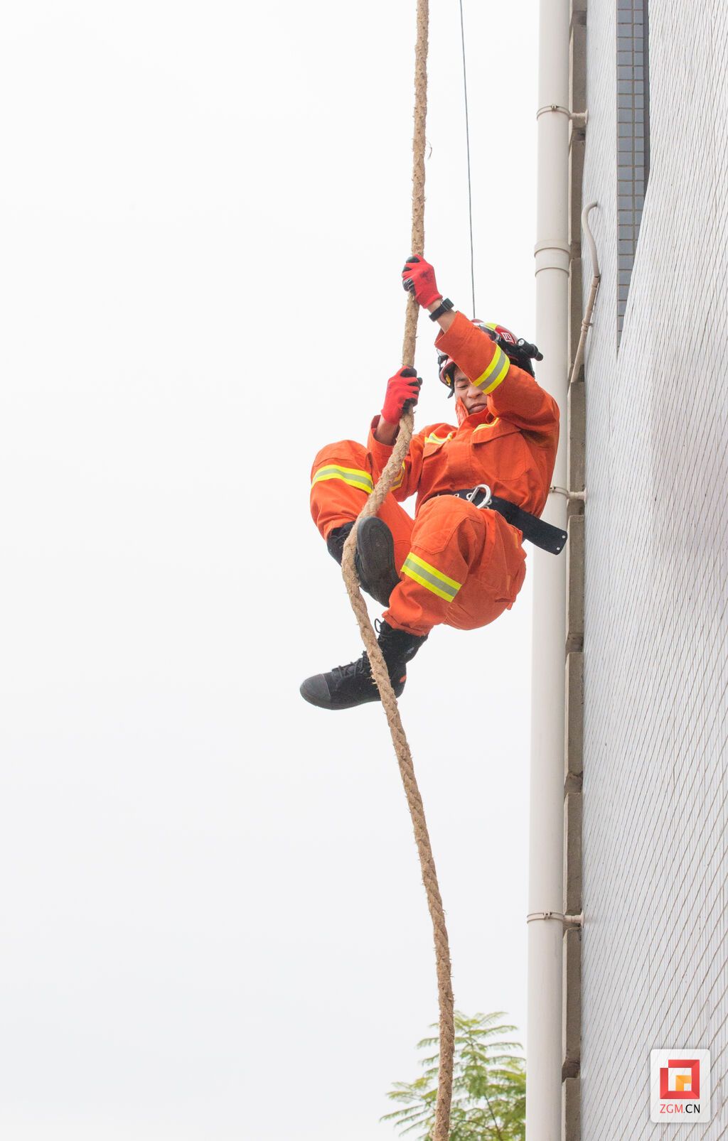 训练项目“绳索攀爬上四楼”