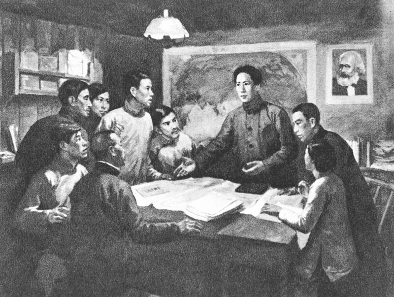 1920年起，中国共产党早期组织在上海、北京、武汉、长沙等地纷纷建立。图为反映毛泽东同志等在湖南长沙建立共产主义小组的美术作品。 新华社发 艾中信创作