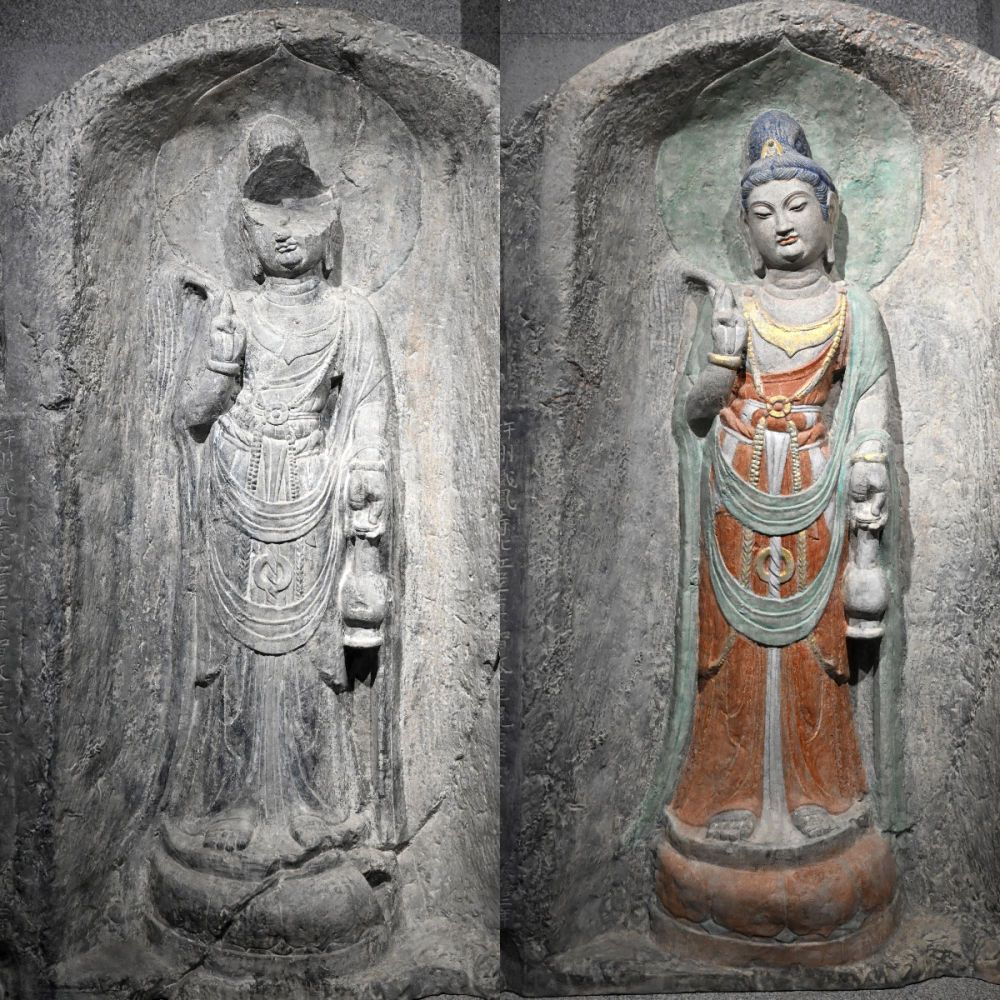 左圖為龍門石窟萬佛洞窟前南壁菩薩造像的3D打印模型；右圖為利用數(shù)字化技術(shù)復(fù)原后的3D打印模型（2025年4月10日攝，拼版照片）。復(fù)原后的像龕精妙絕倫，栩栩如生，被游客譽(yù)為“龍門最美菩薩”。圖片來源新華社