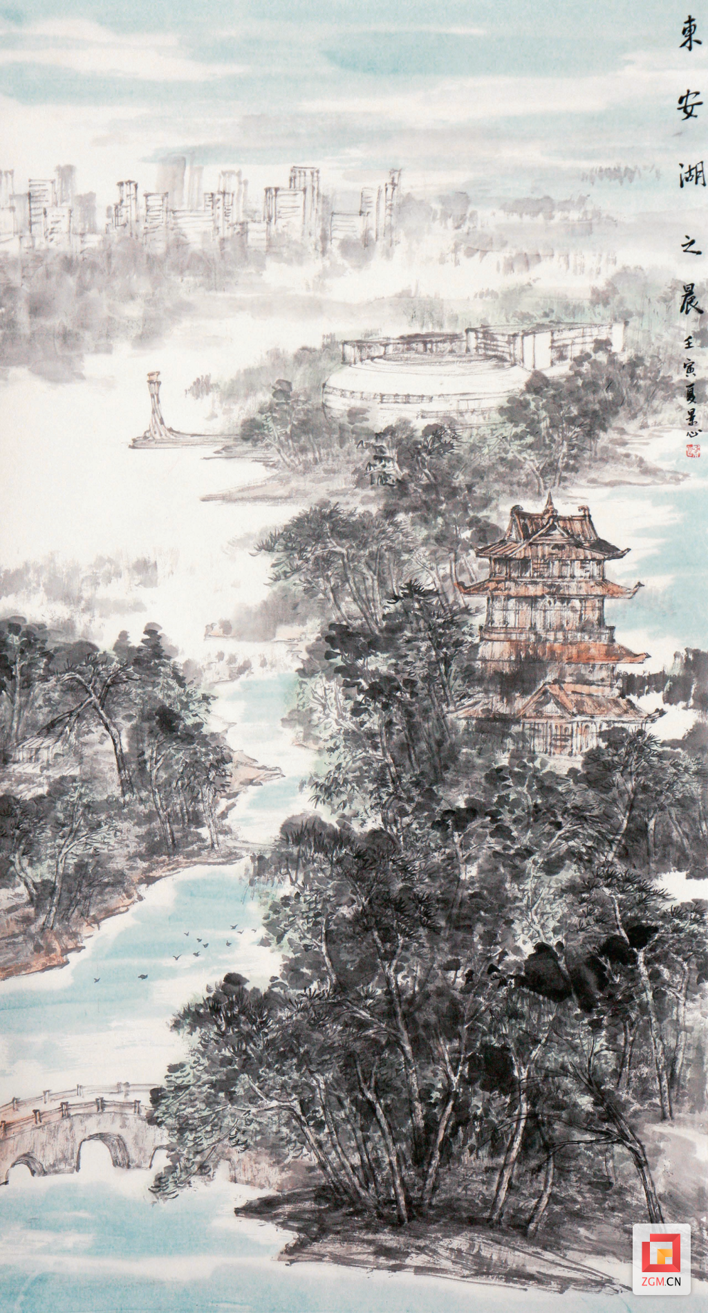 國畫《東安湖之晨》180cm×97cm 2022年.png