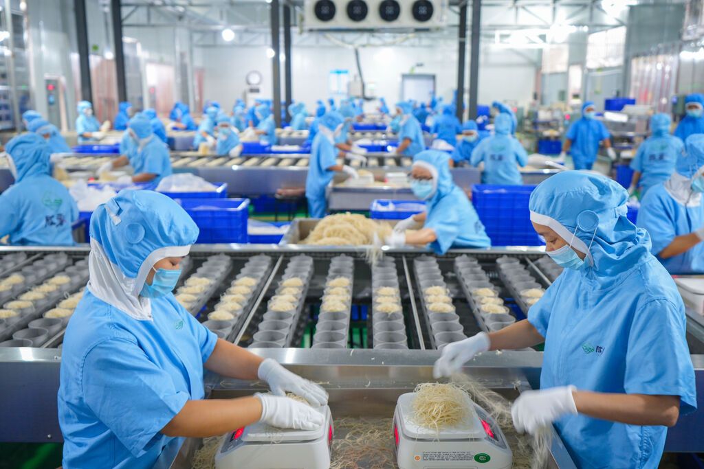 貴州省銅仁市思南縣經(jīng)開區(qū)貴州佳里佳食品有限公司生產(chǎn)車間，工人們正將切好紅薯粉絲稱重、裝碗。貴州省銅仁市融媒體中心記者  申逸愷 攝.JPG