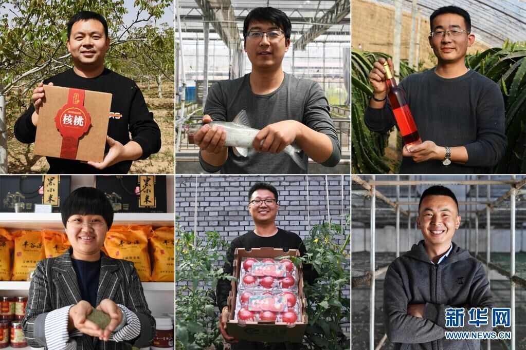 这是“晋中市青年农民联合会”部分成员的拼版照片：上排左起为程子昂、周磊、李富春；下排左起为郝卫芳、马渊杰、卢飞飞（2019年4月摄）。在山西晋中有一个“青年农民联合会”，一群30岁上下的“新农民”，告别“海归”、设计师和教师等身份，一头扎进黄土高原，用他们的聪明才智和奋斗姿态，在绿色田野上书写着青春答卷。新华社记者 杨晨光 摄