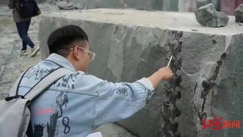 技术人员现场测算恐龙化石骨骼大小