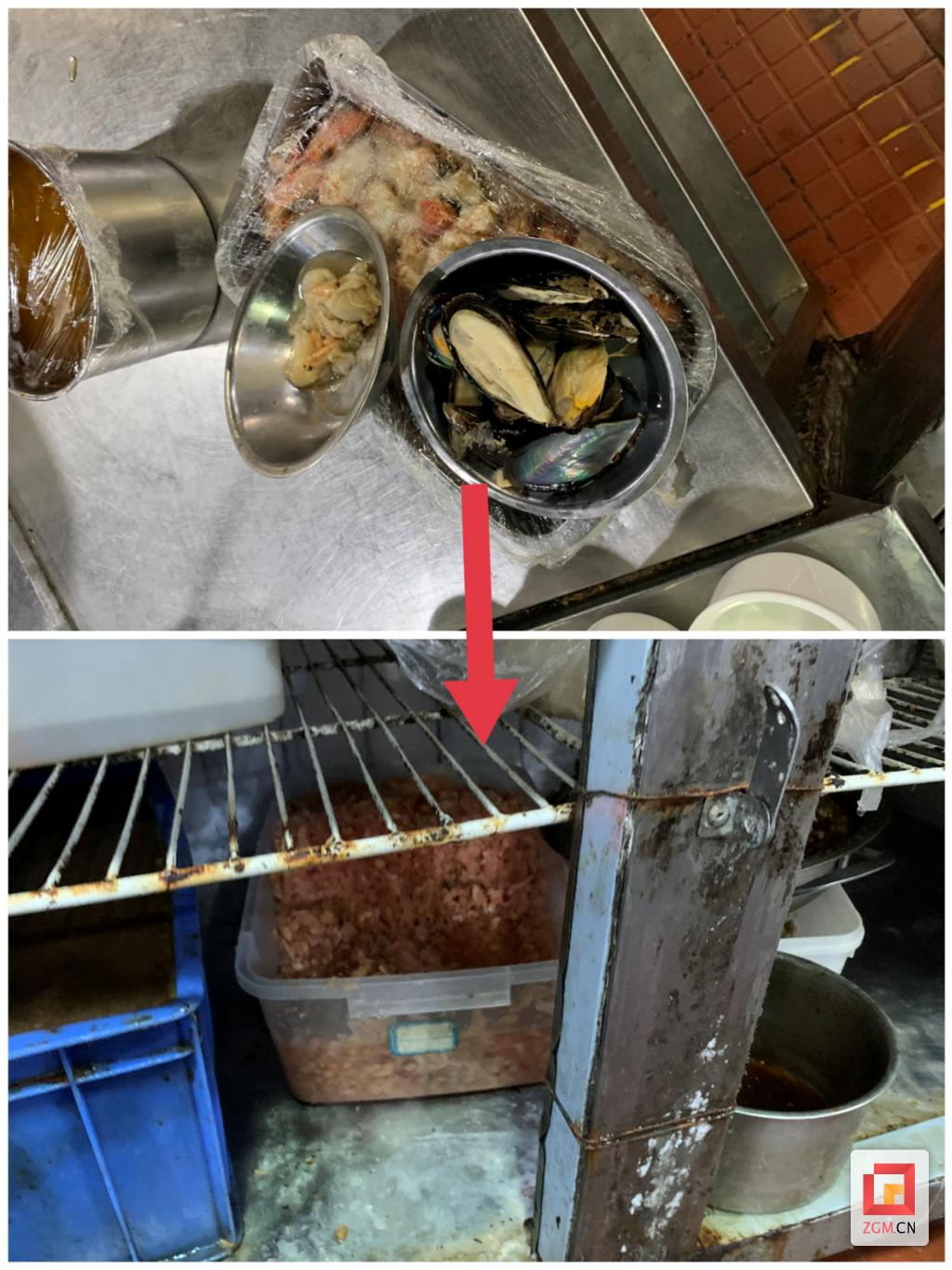 ▲冰箱应该打扫一下卫生了，生熟食品没分开存放，海产品未专柜存放，容易造成食材交叉污染。