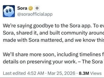 OpenAI宣布关闭Sora，终止与迪士尼合作
